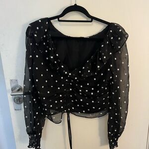 Wayf Black Sheer Blouse with White Floral Design